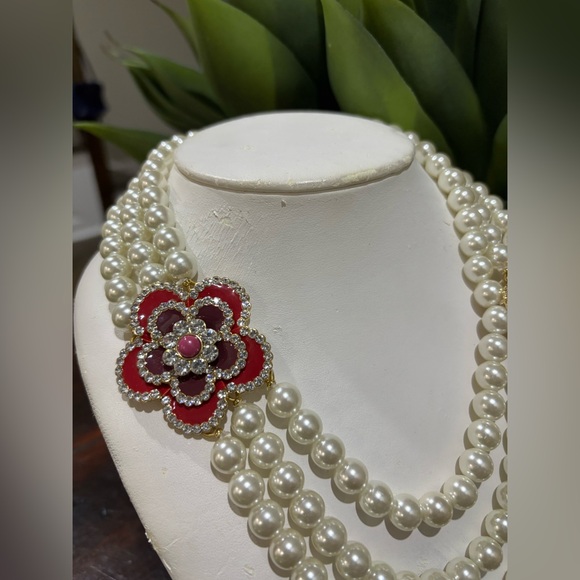 Talbots Faux Pearl Triple-Strand Necklace with Red Flower Accents - Picture 3 of 8